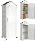 Armadio Outsunny da Giardino in Alto da Esterno Casetta Porta Attrezzi Tetto Inclinato Zincato Ripiani Regolabili Prese d Aria Kit Antiribaltamento 85 x 58 x 213cm Legno Bianco