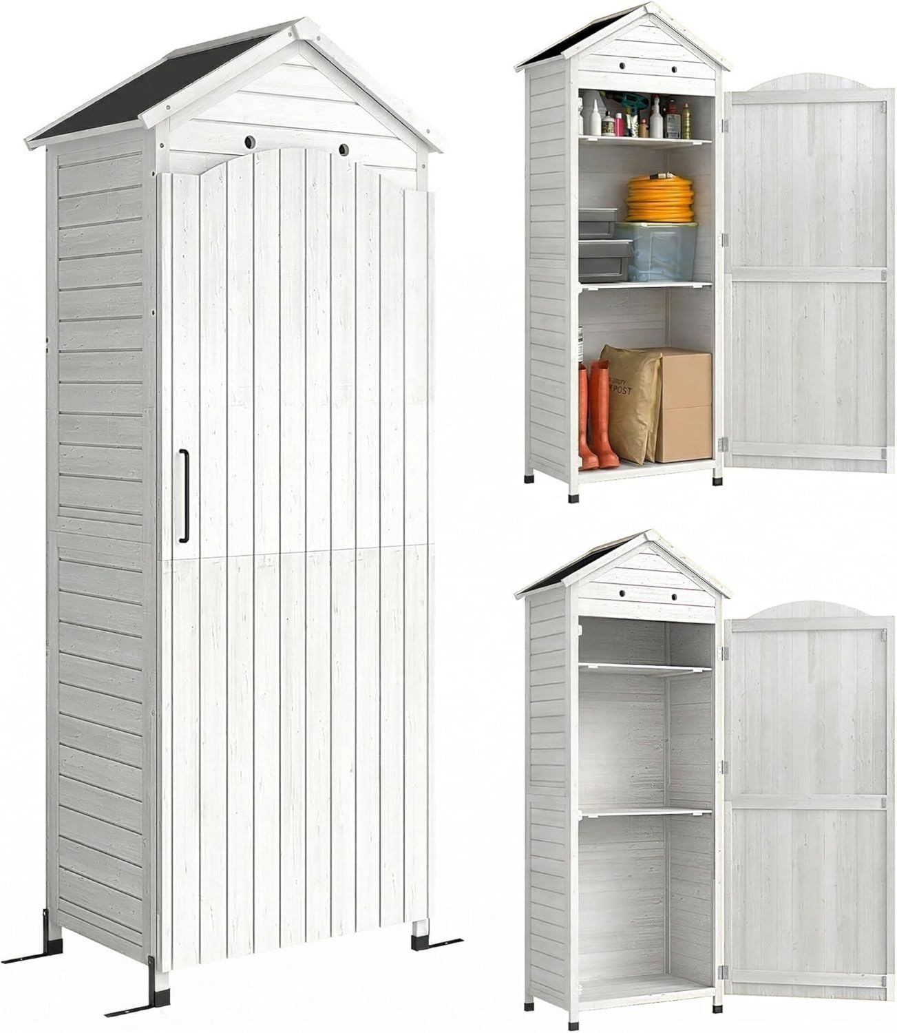 Armadio Outsunny da Giardino in Alto da Esterno Casetta Porta Attrezzi Tetto Inclinato Zincato Ripiani Regolabili Prese d Aria Kit Antiribaltamento 85 x 58 x 213cm Legno Bianco