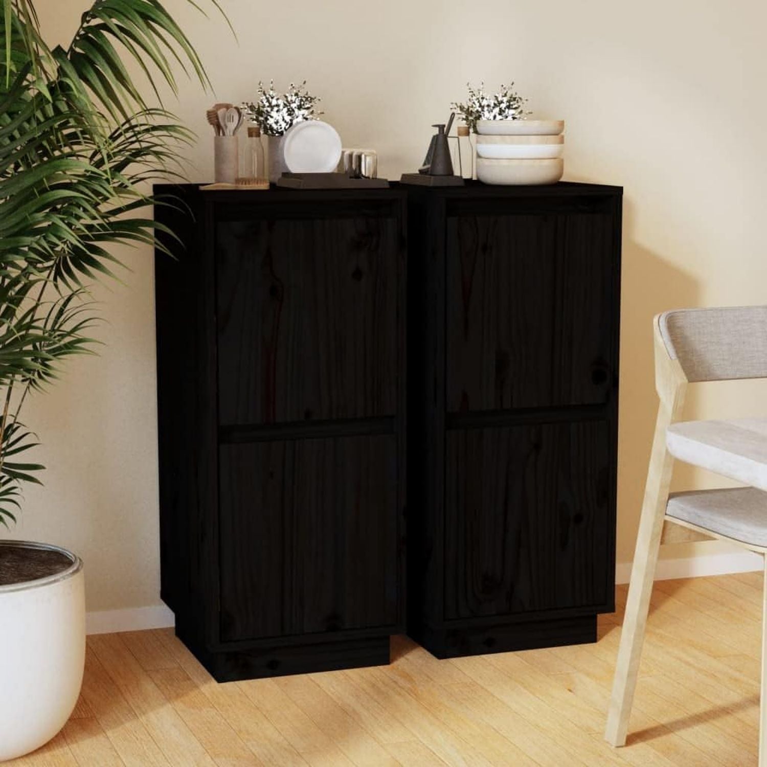 Casa Giardino Credenze 2 pz Nero 31.5x34x75 cm Legno massello Pino
