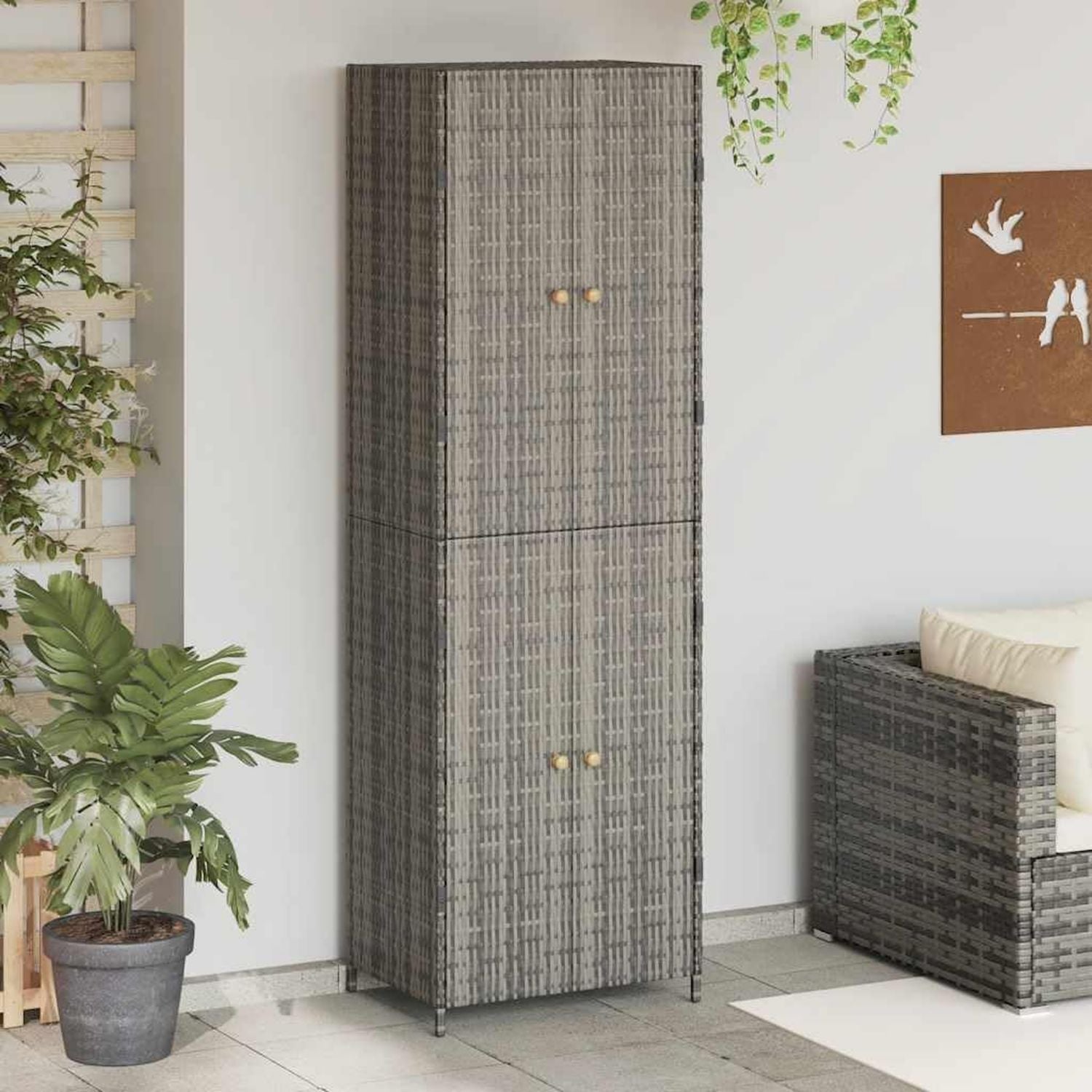 Armadio da giardino in polyrattan 59 40 180 cm in acciaio verniciato a polvere e maniglie delle porte in di acacia massiccio con 4 scomparti design impermeabile telaio x x grigio legno